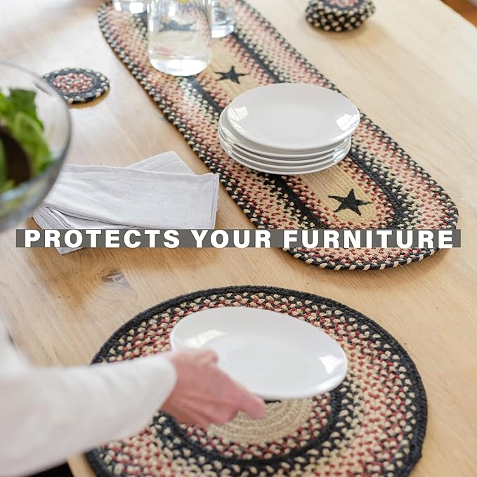 Homespice Primitive Star Gloucester Jute Braided Dinner Table Runner, Warm Primitive Decor, Set of 2, Black and Red Rectangle 8x28 - Rich Colors, Easy to Clean, Durable and Protects Furniture