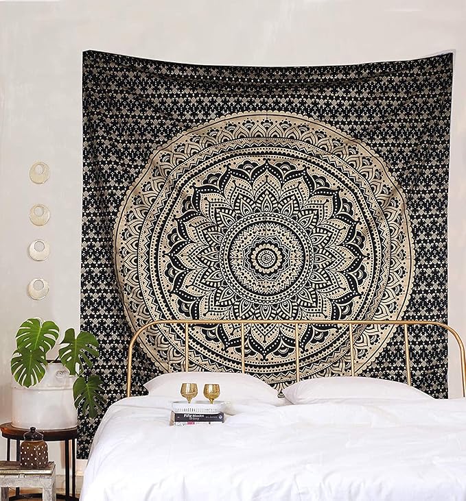 Rajsee Black Gold Mandala Tapestry for Bedroom - Aesthetic Indie Boho Trippy Wall Hanging 82x92 Inches