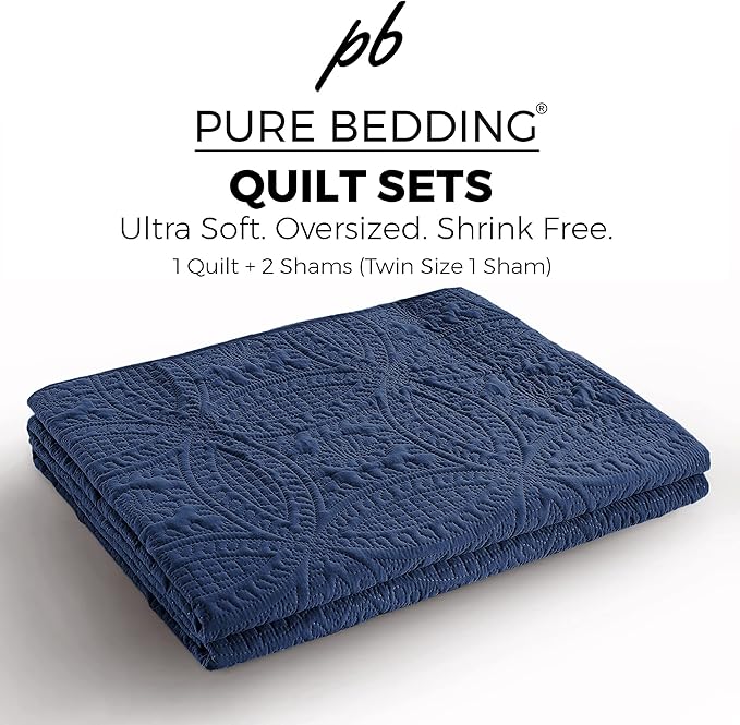 Quilt Set King/Cal King/California King Size Navy - Oversized Bedspread Soft Microfiber Lightweight Coverlet for All Season - 3 Piece includes 1 Quilt and 2 Shams Geometric Pattern