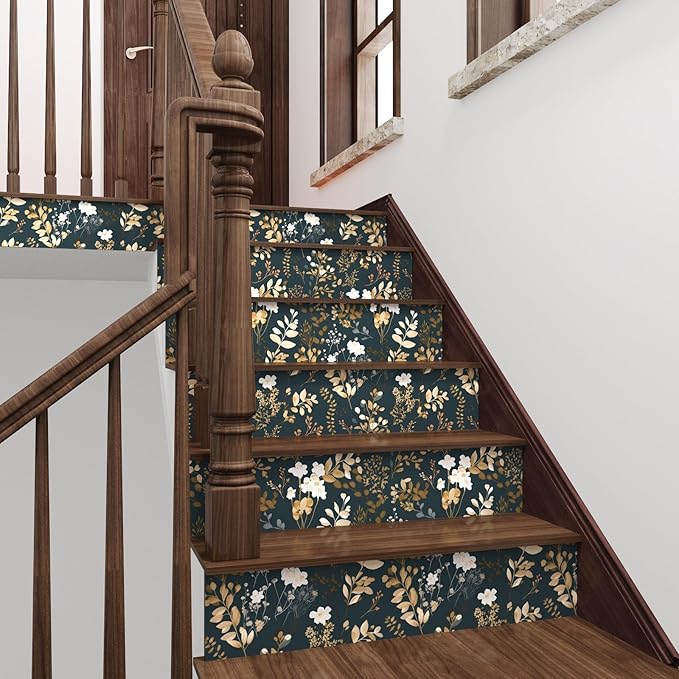 Navy Floral Wallpaper Peel and Stick Boho Wallpaper Vintage Blue/Gold Leaf Contact Paper Waterproof Self Adhesive Modern Wall Paper for Cabinet Walls Kitchen 17.5" x197"