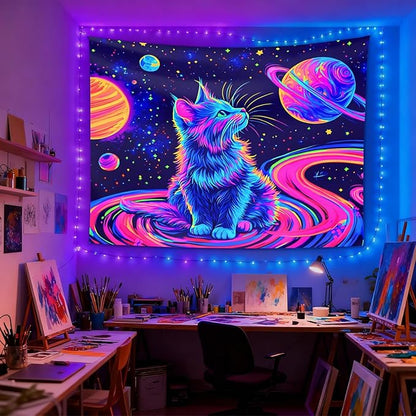 seewan Black Light Space Cat Tapestry, Glow-in-the-Dark UV Neon Galaxy Kitten with Planets Wall Hanging, Psychedelic Cosmic Art Tapestry, Bedroom Dorm Living Room Background Decor