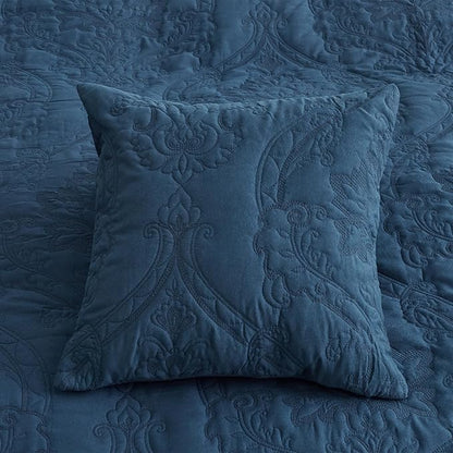 CHIXIN Oversized Bedspread Coverlet Set King Size - Lightweight Bedding Cover - Beautiful Stitching - 5 Piece Reversible Bedspread - Gorgeous Damask Paisley Pattern (King, Navy)