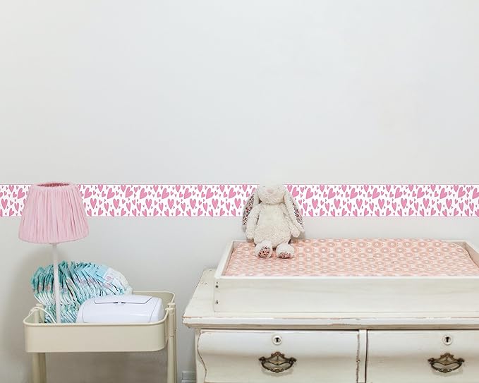 FLFK Pink Heart Wallpaper Border - Peel and Stick Wall Paper, Self Adhesive Removable PVC Borders Sticker, Modern Waterproof Trim for Home Decor, 4" x 240"