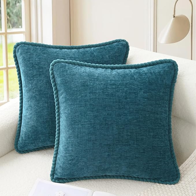 CaliTime Decorative Couch Throw Pillow Covers 20 X 20 Inches Pack of 2 Cozy Chenille Piping Edge Cushion Cases for Sofa Bed Living Room Home Ocean Blue