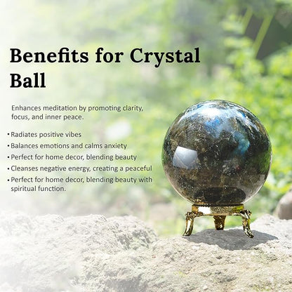 Crocon 50mm Labradorite Stone Sphere Ball with Metal Stand 1400+ Carats Gemstone Ball Healing Sphere Sculpture Figurine for Fengshui Divination Home Decoration Photography Crystal Sphere