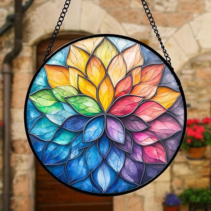 DASTOLL Stained Glass Window Hanging, Colorful Flower Petals Sun Catchers Diamond Glass Panel Hangings Suncatcher Decor for Birthday for Women, Men, Wife, Aunt, and Mom 11.8x11.8 in