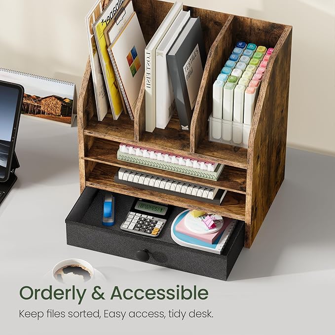 Wooden Desk Organizer with Removable Shelf and Fabric Drawer, Multi-Compartment Desktop File Holder for Home Office Storage, Desktop Mail Organizer, Rustic Brown MWJ05FG
