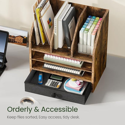Wooden Desk Organizer with Removable Shelf and Fabric Drawer, Multi-Compartment Desktop File Holder for Home Office Storage, Desktop Mail Organizer, Rustic Brown MWJ05FG