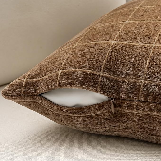 MIULEE Decorative Chenille Check Throw Pillow Covers Vintage Plaid Couch Pillows 18x18 Inch Set of 2 Neutral Boho Farmhouse Cushion Covers Modern Home Decor for Sofa Bed Living Room Toffee