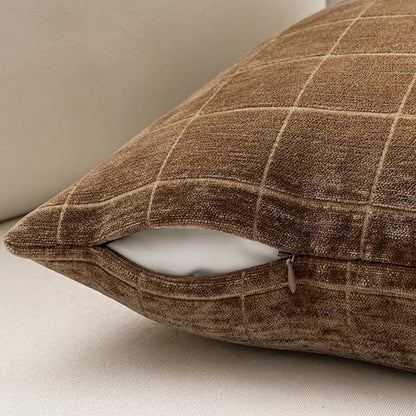 MIULEE Decorative Chenille Check Throw Pillow Covers Vintage Plaid Couch Pillows 20x20 Inch Set of 2 Neutral Boho Farmhouse Cushion Covers Modern Home Decor for Sofa Bed Living Room Toffee