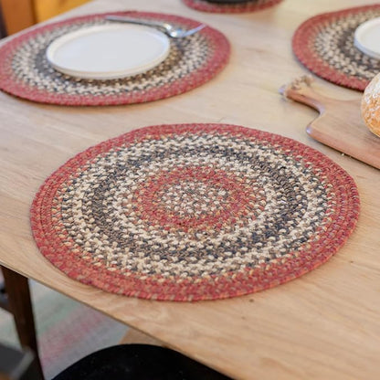 Homespice Chester Round Braided Placemats, Warm Lodge and Cabin Decor, Set of 2, 15" Red Jute Table Mats - Vibrant Colors, Durable, Easy to Clean and Protects Furniture