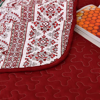 WONGS BEDDING Boho King Quilt Set, Red Bohemian Quilt Bedding Set, Lightweight Bed Decor Bedspread for All Season Reversible Microfiber Coverlet Bedding Set 103"x90"(3 Pieces)