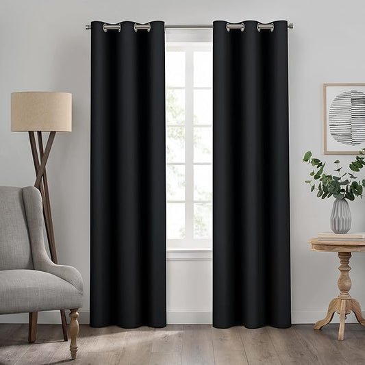 Eclipse Kendall Solid Textured Blackout Thermal Insulated Lining Grommet Window Curtain for Bedroom (1 Panel), 42 in x 84 in, Black