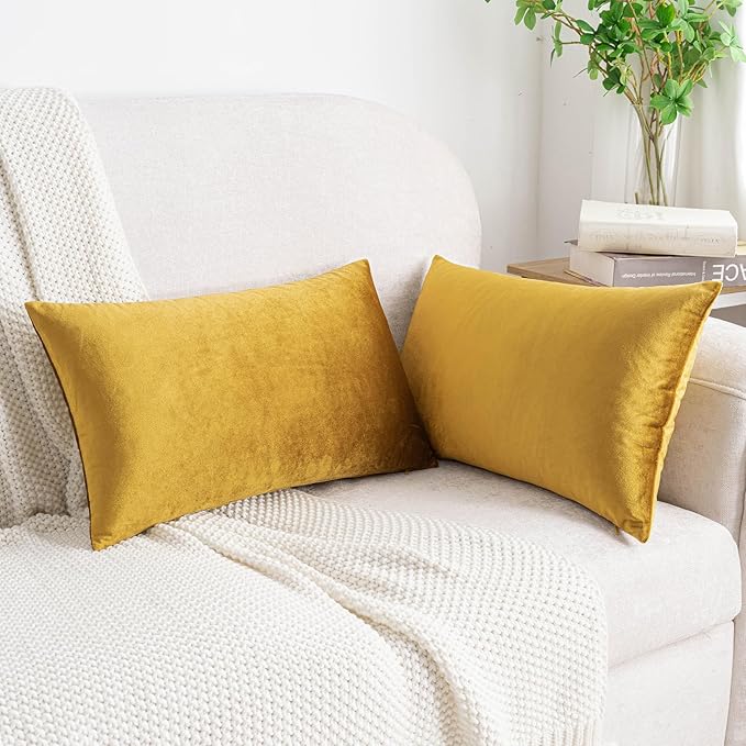 HWY 50 Dark Gold Velvet Rectangular Throw Pillow Covers 12x20 Inch, Pack of 2 Soft Cozy Solid Decorative Luxury Cushion Cases for Couch Sofa Bed Living Room Bedroom