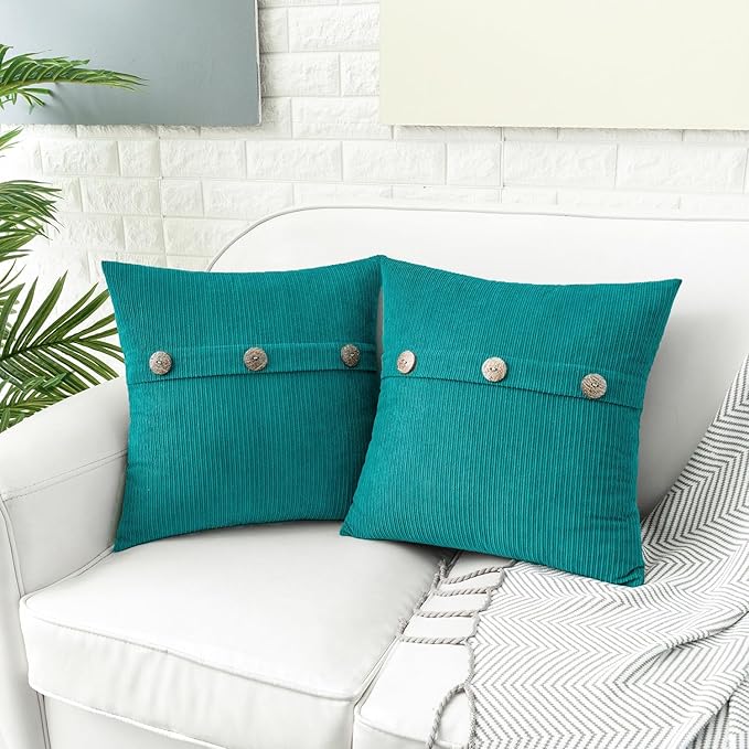 HWY 50 Teal Chenille Throw Pillow Covers 22x22 Inch with Triple Buttons, Soft Farmhouse Accent Decorative Cushion Cases for Couch Sofa Bed Living Room Pack of 2