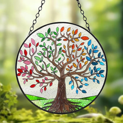 Ciarain Tree of Life Suncatchers Stained Glass Window Hangings Ornaments, 6.3''* 6.3'' Hand-Painted Vibrant Color Family Tree Sun Catcher Memorial Gifts for Women,Christmas Decor Gifts