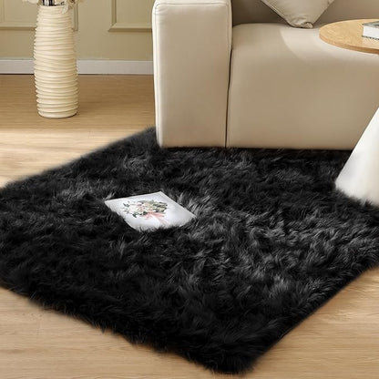Black Fuzzy Faux Sheepskin Shaggy Fur Rugs for Bedroom Machine Washable Furry Rug 4x6 Area Rugs for Nursery Decor