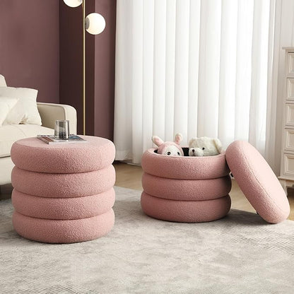 Flouki 20.1" Storage Ottoman Round, Vanity Stools for Bedroom, Sherpa Pouf Ottoman with Removable Lid, Modern Ottoman Stool for Girls Women, Foot Stool for Living Room, Pink