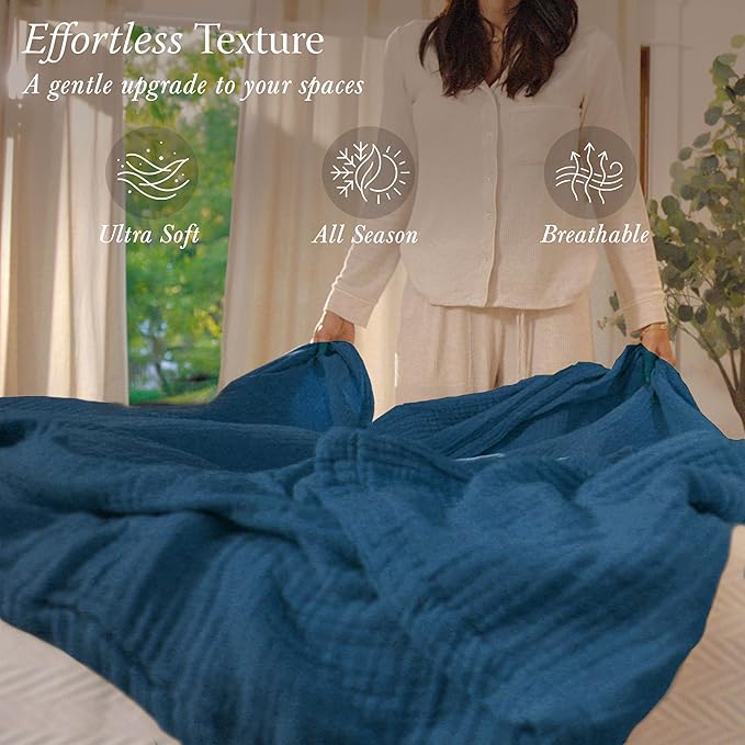 Threadmill Muslin Blanket for Queen Size Bed | 4 Layer 100% Cotton Gauze | Soft, Lightweight, and Cozy for All Seasons | Lightweight Summer Blanket | Folkstone Blue