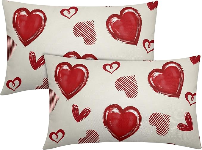 Valentines Day Pillow Covers 12x20 Set of 2 Beige Red Heart Throw Pillow Covers Love Pillowcase Linen Decoration Farmhouse Holiday Cozy Soft Cushion Case Couch for Indoor Outdoor Home Decor