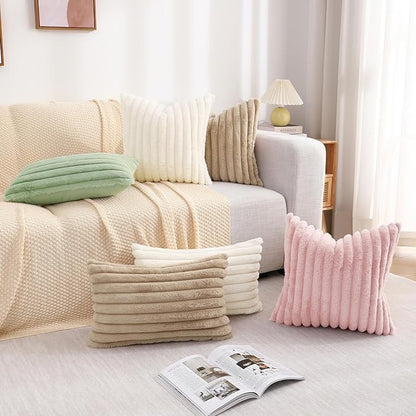 decorUhome Faux Fur Spring Throw Pillow Covers 12x20 Set of 2, Decorative Soft Plush Striped Lumbar Neutral Couch Pillow Covers with Velvet Back for Sofa, Bed, Living Room Home, Khaki Brown