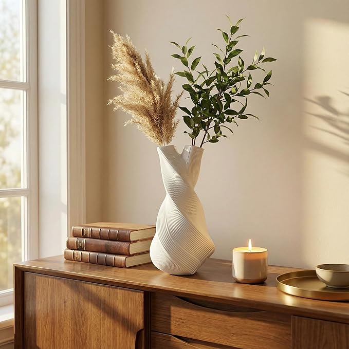 Modern Sculptural Twisted Vase, 8.66 Inch Waterproof 3D Printed Flower Vase for Fresh or Dried Flowers, Minimalist Art Vase for Home Decor, Contemporary Centerpiece & Valentine’s Day Gift