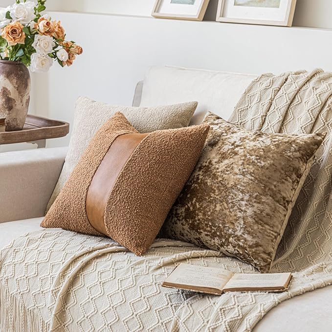 20"x20" Tobacco Boucle Throw Pillow Covers with Faux Leather Accents Set of 2 Fluffy Textured Decorative Pillow Cases for Couch Bed Boho Farmhouse Square Cushion Covers for Nordic Home Décor