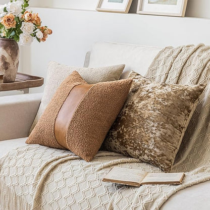 20"x20" Tobacco Boucle Throw Pillow Covers with Faux Leather Accents Set of 2 Fluffy Textured Decorative Pillow Cases for Couch Bed Boho Farmhouse Square Cushion Covers for Nordic Home Décor