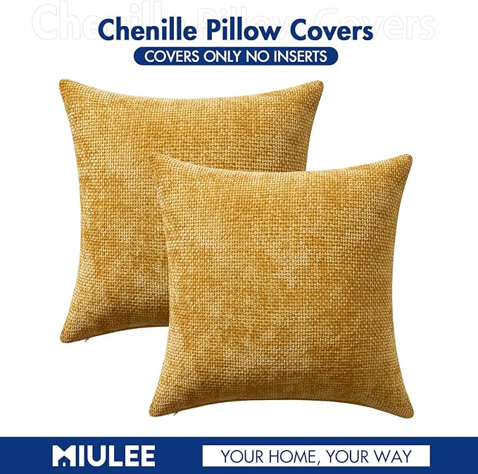 MIULEE Pack of 2 Couch Throw Pillow Covers 22x22 Inch Neutral Gold Modern Boho Accent Decorative Pillow Covers Soft Chenille Farmhouse Cushion Covers for Home Decor Bed Sofa Living Room