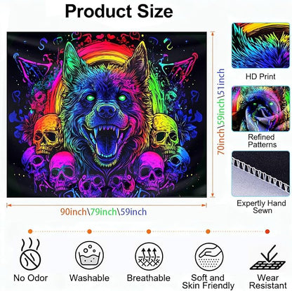 seewan Black Light Wolf Tapestry, Glow-in-the-Dark UV Neon Fierce Wolf and Skull Wall Hanging, Psychedelic Gothic Animal Art Tapestry, Bedroom Dorm Living Room Background Decor