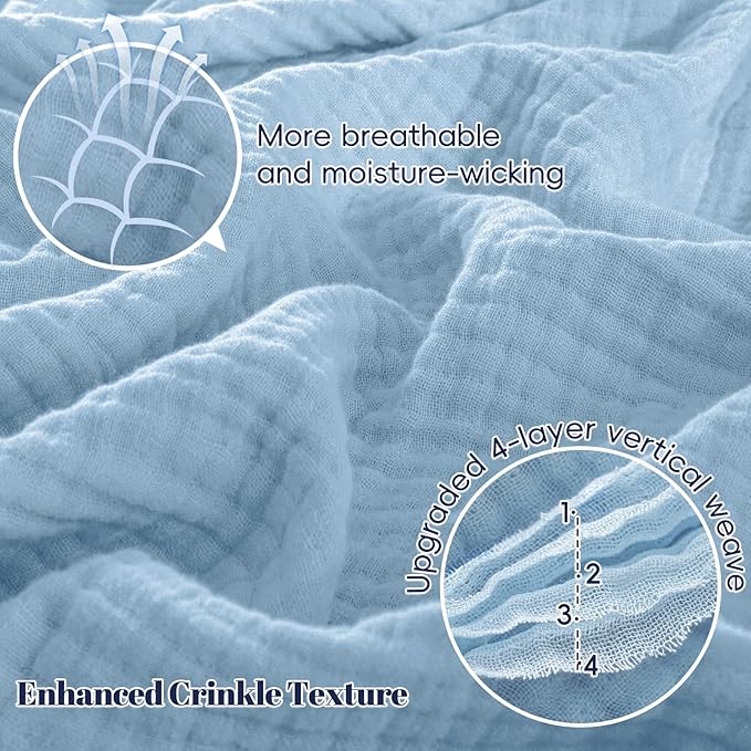 PHF 100% Cotton Muslin Blanket Twin XL Size 66"x90", 4-Layer Lightweight Gauze Throw, Breathable Cloud-Soft Minimalist Blanket for Bed, Couch, Camping & Baby, Sky Blue, Ideal Gift