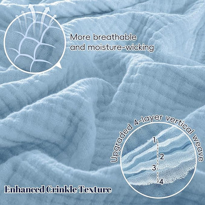 PHF 100% Cotton Muslin Blanket Twin XL Size 66"x90", 4-Layer Lightweight Gauze Throw, Breathable Cloud-Soft Minimalist Blanket for Bed, Couch, Camping & Baby, Sky Blue, Ideal Gift