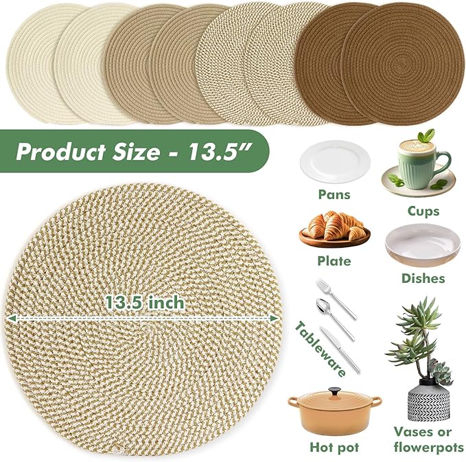 Round Woven Placemats Set of 8 Heat Resistant Placemats 13.5 Inches Farmhouse Cotton Rope Place Mats for Dining Tables Trivets for Hot Dishes Kitchen Décor, Mixed Brown