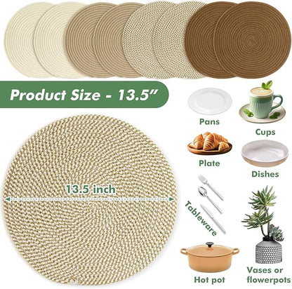 Round Woven Placemats Set of 8 Heat Resistant Placemats 13.5 Inches Farmhouse Cotton Rope Place Mats for Dining Tables Trivets for Hot Dishes Kitchen Décor, Mixed Brown