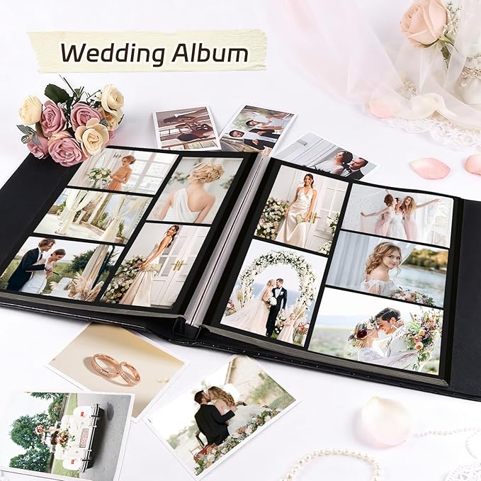 RECUTMS Photo Album Scrapbook 4x6 5x7 8x10 Photos of Any Size 60 Pages Black Inner Button Grain Leather Scrap Photo Book Baby Family Anniversary self adhesive Handmake Picture Book（White）