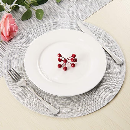 SHACOS Christmas Silver Glitter Round Placemats Set of 6 Sparkle Bling Place Mats Glitz Table Mats for Holiday Home Party Wedding Festive Table Decoration (6, Silver)