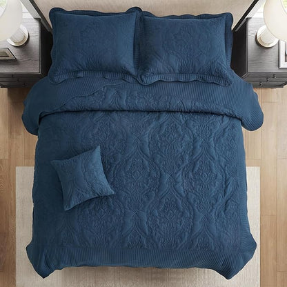 CHIXIN Bedspread Coverlet Set Queen Size - Lightweight Bedding Cover - Beautiful Stitching - 5 Piece Reversible Bedspread - Gorgeous Damask Paisley Pattern (Queen, Navy)