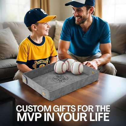 Engraved Baseball Valet Tray –Personalized Leather Catchall with Custom Name –Men’s Nightstand Organizer for Keys, Wallet, Jewelry, and Essentials – Unique Baseball Fan Gift for Home or Office - Grey