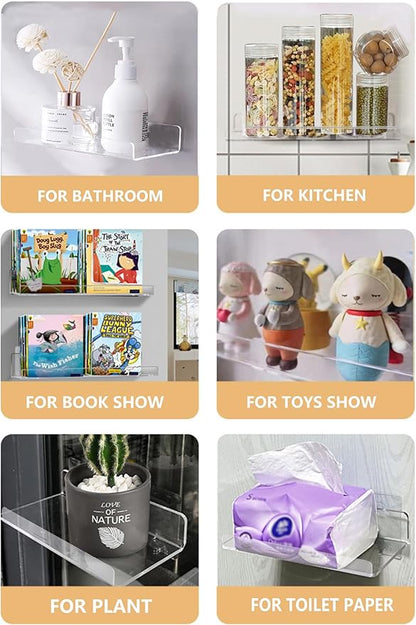 Bringsine Set of 2 Acrylic Floating Wall Shelves Hanging Shelves, Adhesive Wall Display Shelf Stand for Plant Pot, Speaker, Security Camera, Figures in Office and Home, 8 x 6 Inch