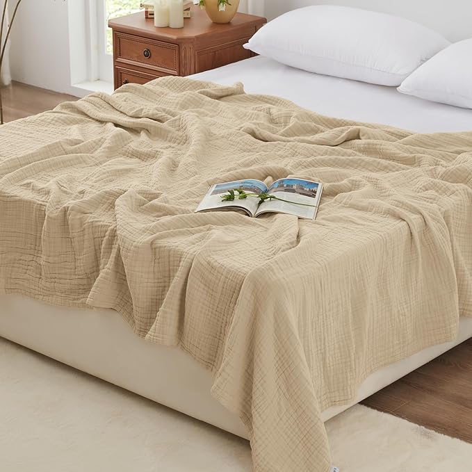 Love's cabin 6 Layer 100% Cotton Muslin Blanket, 108"x90" Muslin King Size Blanket for Bed Couch, Lightweight and Breathable Cotton Gauze for Adult, Khaki