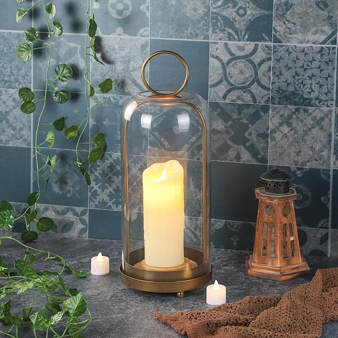 20" High Versatile Modern Metal Hurricane Lantern with Handmade Sturdy Glass Dome in Antique Brass for Pillar Candle & Plants, Industrial, Farmhouse, Shabby Chic (Brass, 7.5"x20")