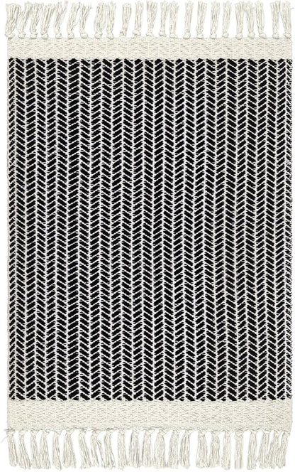 Lahome Boho Entryway Rug, 3x5 Rugs for Bedroom Lightweight Washable Throw Rug Woven Cotton Bathroom Carpet with Tassels, Farmhouse Black and White Rugs for Living Room Kitchen Office Dorm