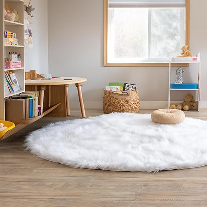 White Fluffy Faux Fur Rug, 5 ft Round – Soft and Cozy Circle Rug for Kids Room, Nursery, Bedroom, or Living Room – Plush Shaggy Carpet for Home Decor