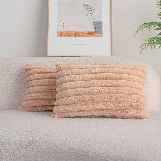 DEELAND Pack of 2,Double-Sided Faux Fur Plush Decorative Throw Pillow Covers Fuzzy Striped Soft Pillowcase Cushion Covers for Sofa Couch Bedroom