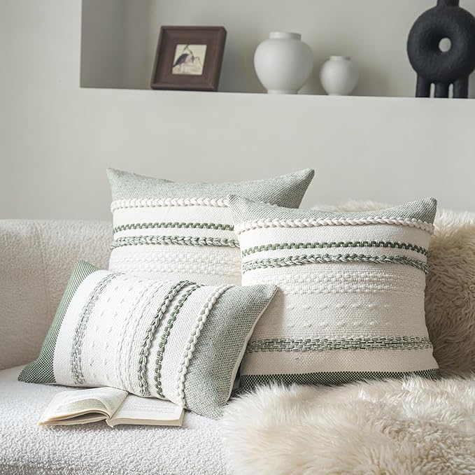 Boho Throw Pillow Covers 18x18 Inch Set of 2, Green Textured Decorative Couch Pillow Cases for Farmhouse Home Decor, Accent Cushion Cover for Sofa, Bed, Living Room, Bedroom