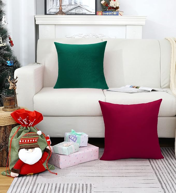 Jeneoo Set of 2 Comfy Accent Soft Velvet Throw Pillow Covers for Sofa Couch, Invisible Zipper Decorative Solid Square Cushion Cases for Livingroom Car (20 x 20 Inches, Army Green)