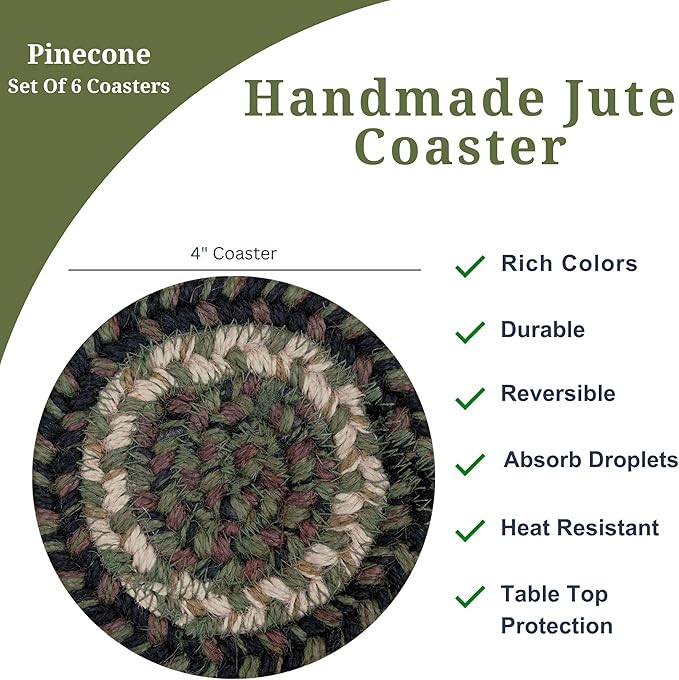 Homespice Pinecone Jute Woven Coasters 4", Warm Country Rustic Decor, Set of 6, Green - Durable, Absorbs Moisture, Easy to Clean and Protects Furniture