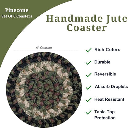 Homespice Pinecone Jute Woven Coasters 4", Warm Country Rustic Decor, Set of 6, Green - Durable, Absorbs Moisture, Easy to Clean and Protects Furniture