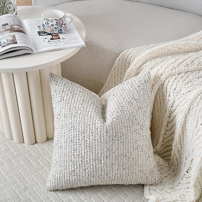 Striped Throw Pillow Covers 22x22 Set of 2 Cream Grey Textured Boucle Chic Morden Boho Accent Farmhouse Square Decorative Couch Pillow Covers for Home Decor Bed Sofa Living Room