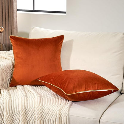 Aeckself Pack of 2 Burnt Orange Velvet Pillow Covers 20 x 20 Inch, Modern Luxury Decorative Pillowcase with Gold Trim Edge, Comfortable Soft Solid Cushion Case for Couch Bedroom Living Room